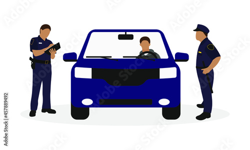 Two police officers in uniform surrounded a car with a driver on a white background © Tatyana