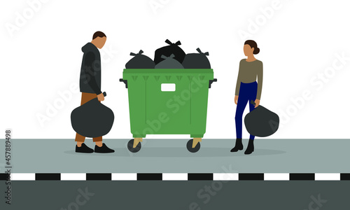 Male character and female character with trash bags in hands stand in front of full garbage can on the sidewalk