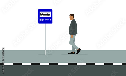 A male character stands on the sidewalk near a bus stop sign