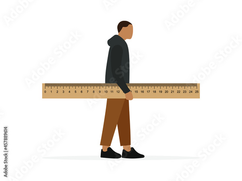 Male character with a large ruler in his hand stands on a white background