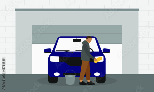Male character washing car near garage