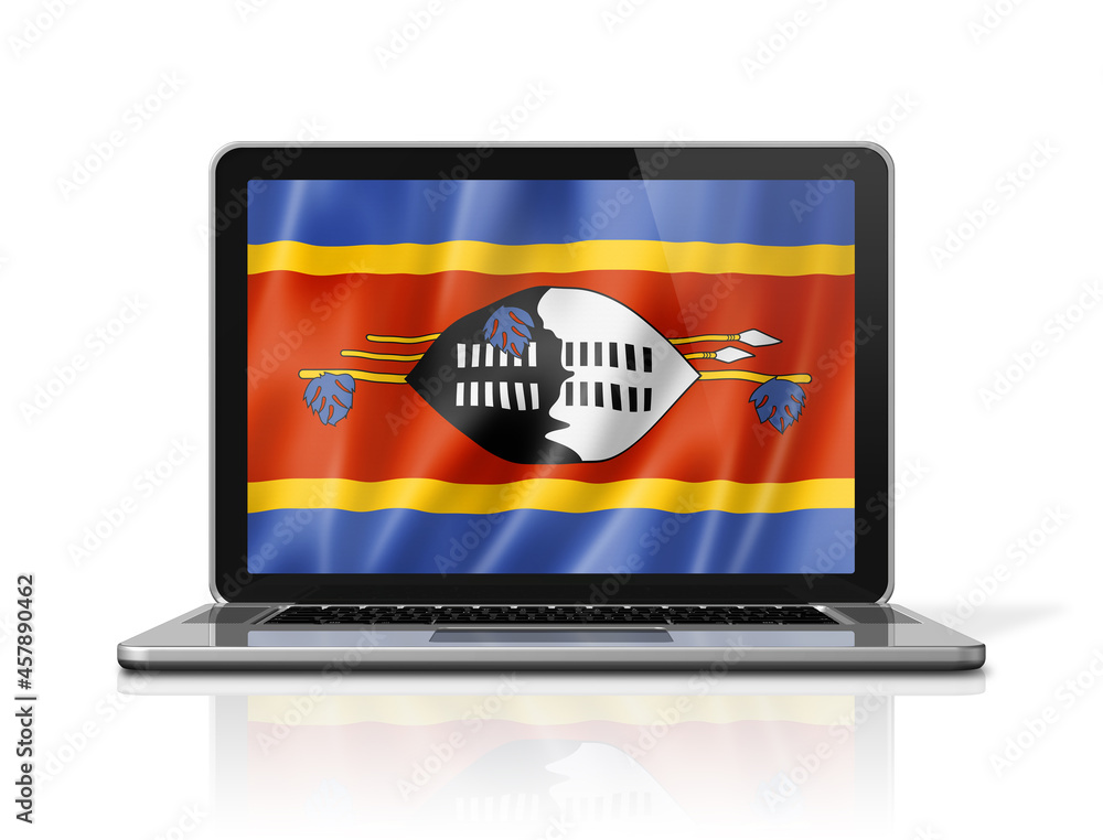 Swaziland flag on laptop screen isolated on white. 3D illustration Swaziland flag on laptop screen isolated on white. 3D illustration