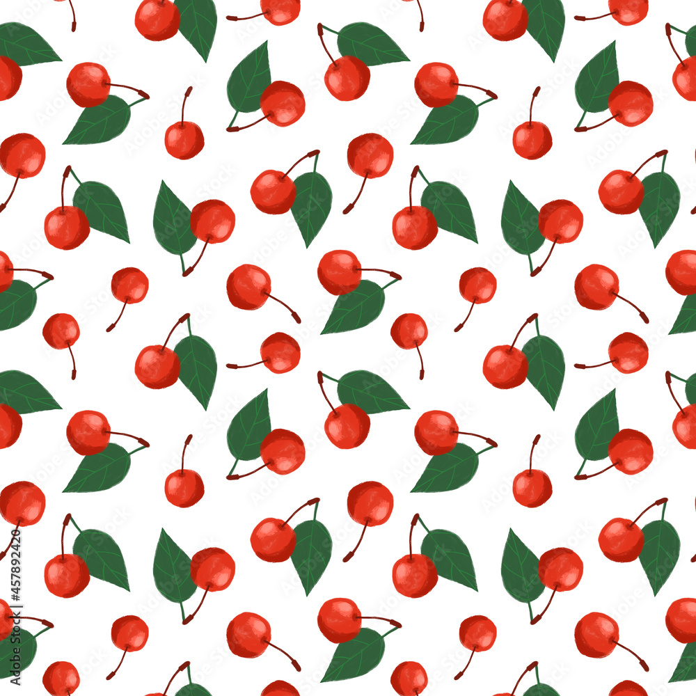 Cute cherry on white seamless pattern. Hand drawn in cartoon style cherry berry repeat print. Botanical design for textile, fabric, wallpaper, wrapping paper and decoration. Cute cherry on white seamless pattern. Hand drawn in cartoon style cherry berry repeat print. Botanical design for textile, fabric, wallpaper, wrapping paper and decoration.