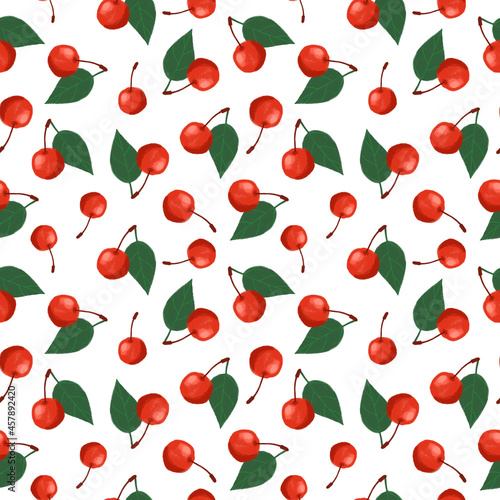Cute cherry on white seamless pattern. Hand drawn in cartoon style cherry berry repeat print. Botanical design for textile  fabric  wallpaper  wrapping paper and decoration.