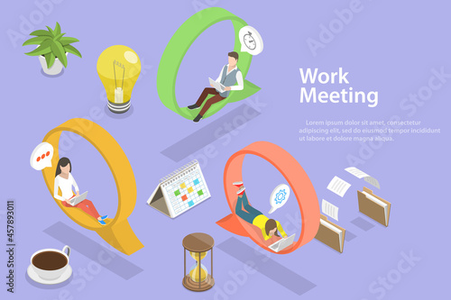 3D Isometric Flat Vector Conceptual Illustration of Online Work Meeting, Software for Videoconferencing and Digital Communication