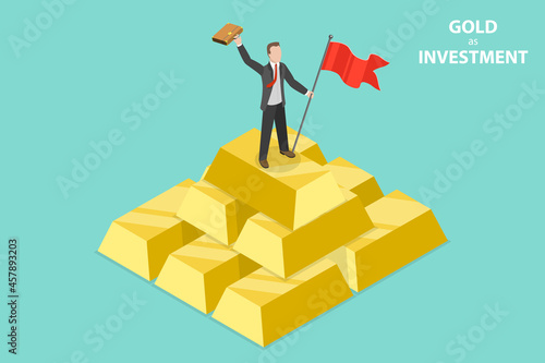 3D Isometric Flat Vector Conceptual Illustration of Gold as an Investment, Successful Businessman