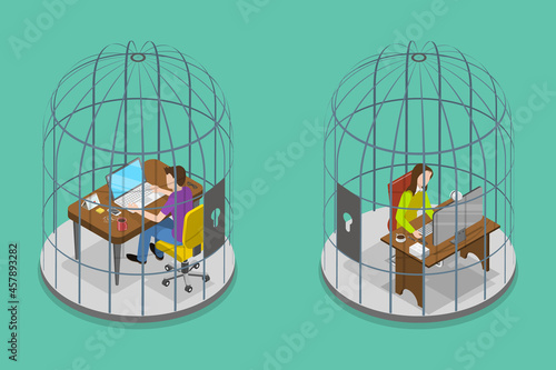 3D Isometric Flat Vector Conceptual Illustration of Man and Woman In Birdcage, Frustration, Overworking and Business Problem