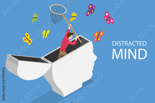 3D Isometric Flat Vector Conceptual Illustration of Distracted Mind, ADHD Attention Disorder
