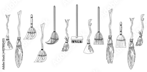 Vector image of a set of stylized brooms in outline style isolated on white background. EPS 10