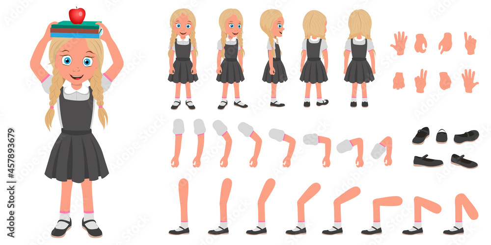 Flat Vector Illustration of Smiling Schoolgirl Wearing School Uniform and with Stack of Books, Cartoon Character Set For Animation, Various Views, Poses and Gestures Flat Vector Illustration of Smiling Schoolgirl Wearing School Uniform and with Stack of Books, Cartoon Character Set For Animation, Various Views, Poses and Gestures
