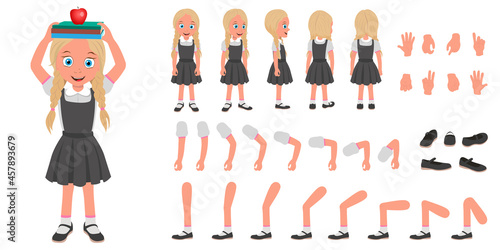 Flat Vector Illustration of Smiling Schoolgirl Wearing School Uniform and with Stack of Books, Cartoon Character Set For Animation, Various Views, Poses and Gestures