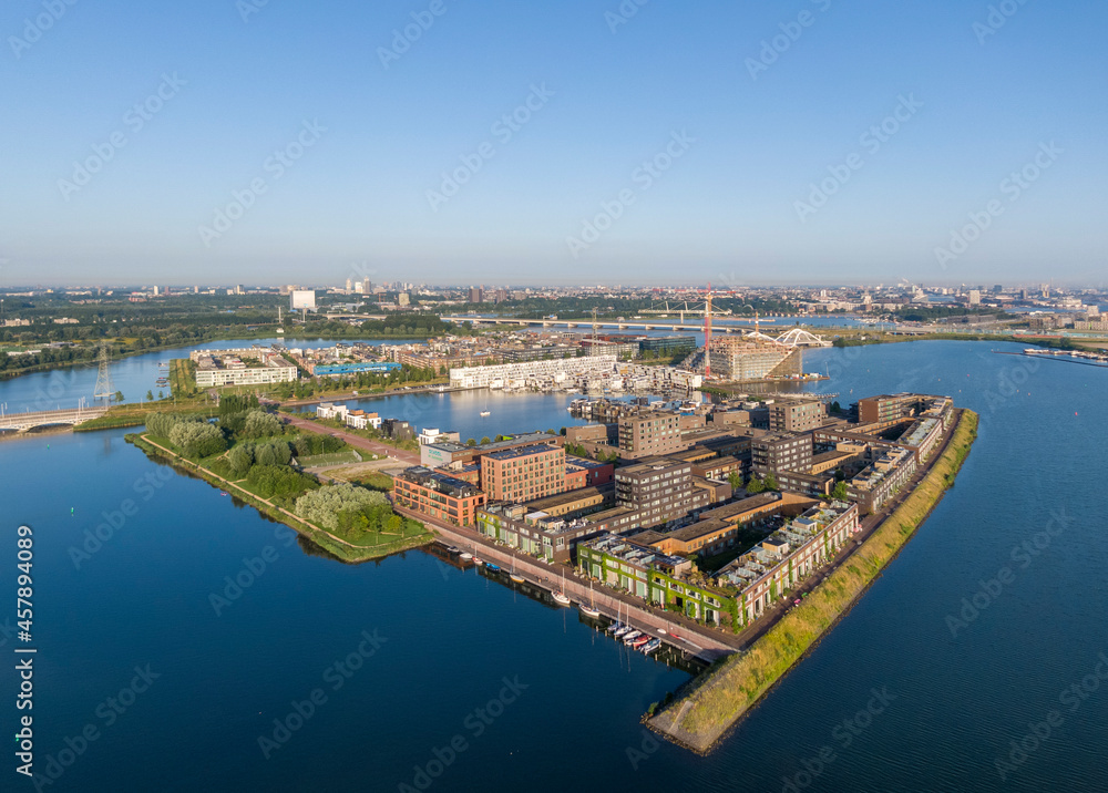 Aerial view of Steiger island and new residential district in Amsterdam