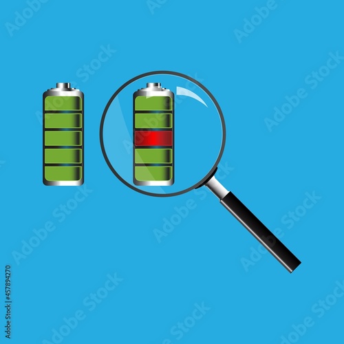Battery Cell Broken. Magnifying glass with battery - vector illustration.