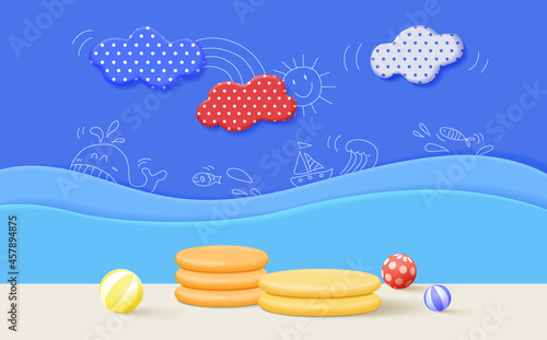 3d render podium with sea concept for kids or baby product.