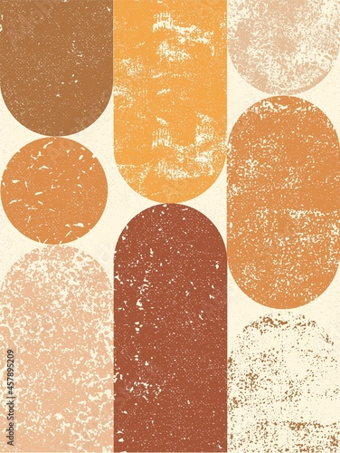 Geometric forms, circle, oval canvas art design. Poster, mural, fresco print in beige, warm, yellow, pink colors.