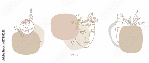 Vector illustrations set. Background for text. Template design, frame. Abstract shape, pastel colors. Hand-drawn outline elements. Skincare, home spa. Bath bomb, salt, woman face. Handmade cosmetics.