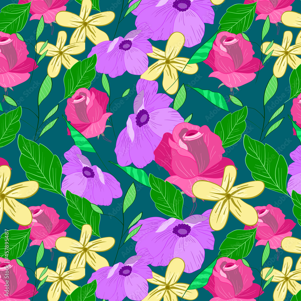 Seamless pattern of colorful flowers with green leaves on dark viola color background. beautiful floral pattern.