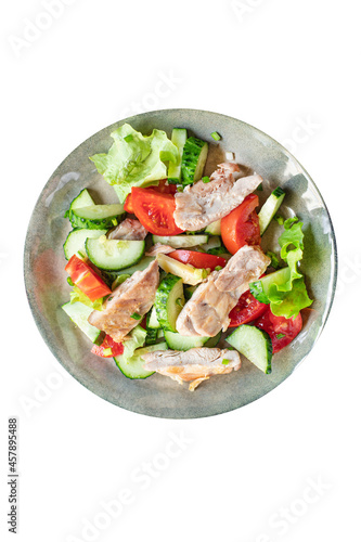 salad chicken breast meat vegetable tomato, cucumber, lettuce diet food meal snack on the table copy space food background keto or paleo diet veggie
