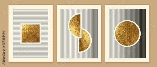 Abstract minimalist wall art composition in beige, grey, white, black colors. Simple line style. Golden geometric shapes