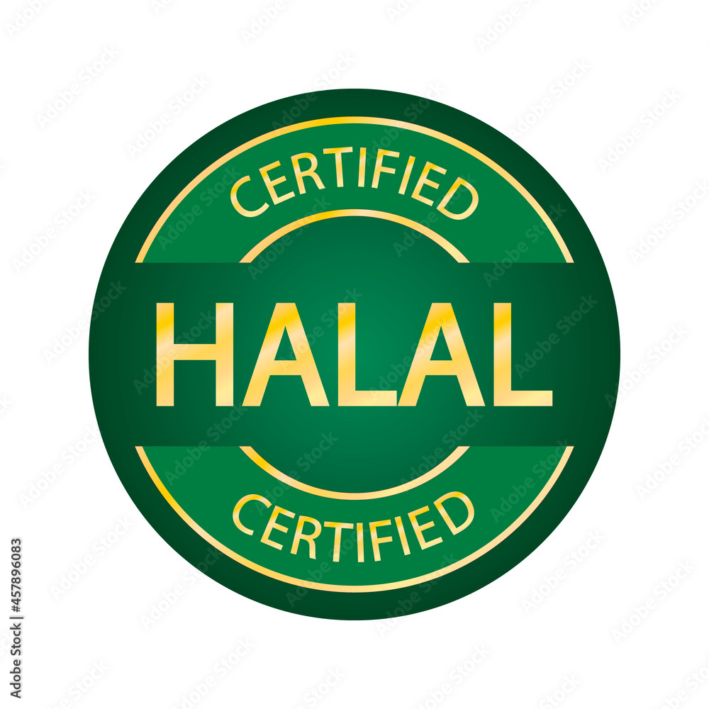 Halal food products label, badge or logo. Vector Halal sign certificate tag. Round icon. Sticker