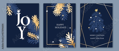 Christmas and New Year cards. Hand painted Christmas tree, branches, snowflakes. Blue and gold colors.