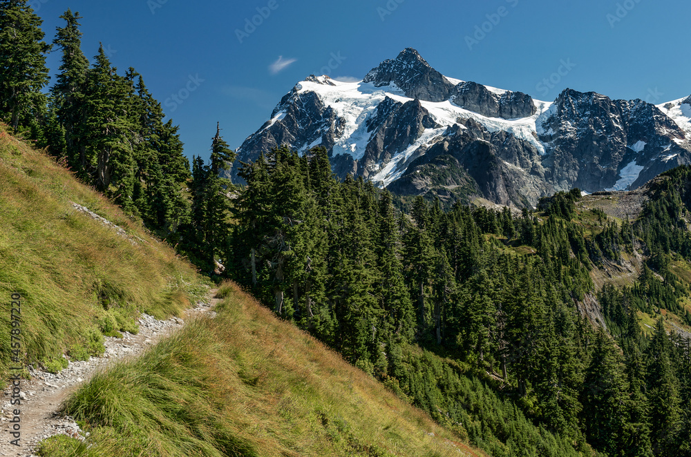 A trail in Mt. Baker-Snoqualmie National Forest leads towards Mt. Shuksan in the North Cascade region of Washington State