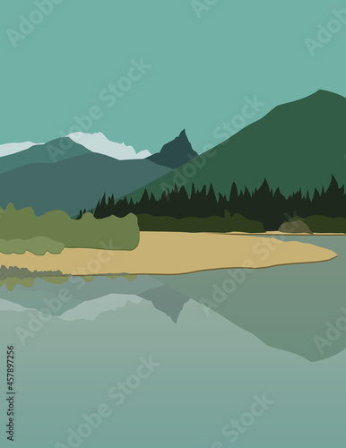 Gloomy cloudy landscape with mountain range, lake and greenish dim sky