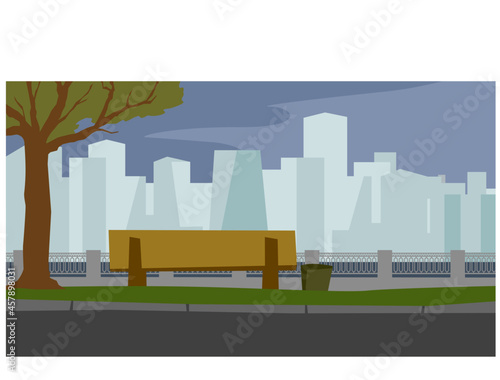 City park in the evening. Bench. Skyscrapers on a background of cloudy sky. Vector image for prints, poster and illustrations.