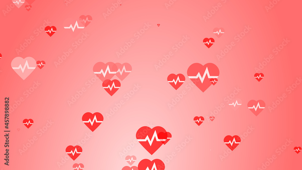 Medical heart beat pulse flat white on red hearts pattern background. Abstract healthcare for World Blood Donor Day.