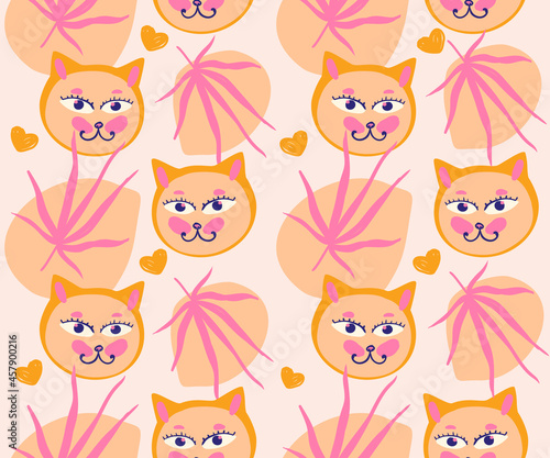 funny faces of cats and tropical leaves. cute seamless pattern with animals.