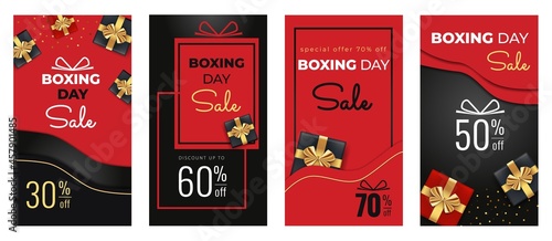Boxing Day Sale templates set for social media stories and messages with top view of black, red gift boxes, golden ribbon bow, and abstract background. Promotion special offer discount vertical banner