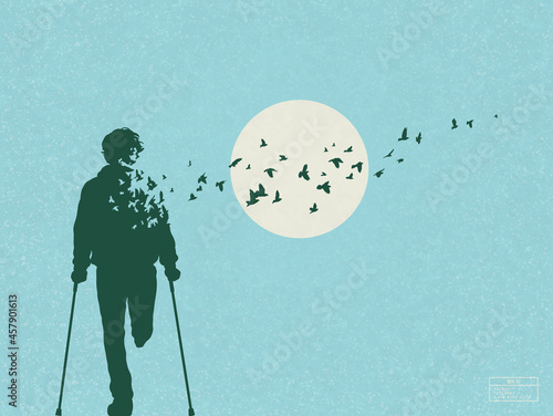 Disabled man on crutches. Death and afterlife. Flying bird silhouette