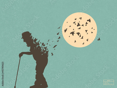 Old man with cane. Death and afterlife. Birds fly. Abstract silhouette