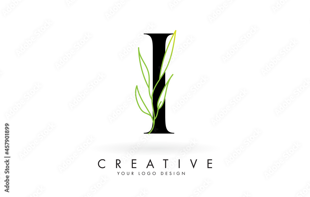 Elegant I letter logo design with long leaves branch vector illustration. Creative icon with letter I and natural elements. Elegant I letter logo design with long leaves branch vector illustration. Creative icon with letter I and natural elements.