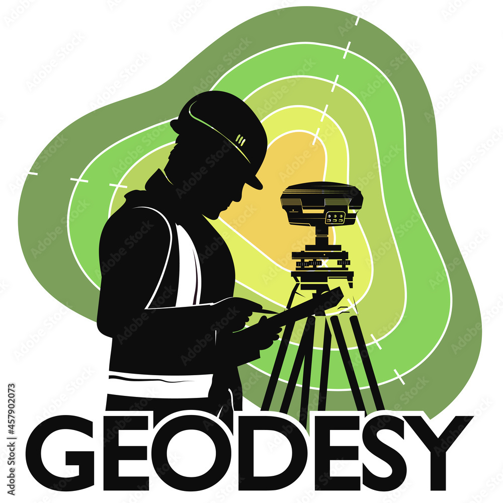 Geodesist engineer at the device conducts boundary work - obrazy, fototapety, plakaty 