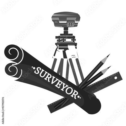 Geodetic device gps and rolls of boundary plans. Symbol for a surveyor engineer