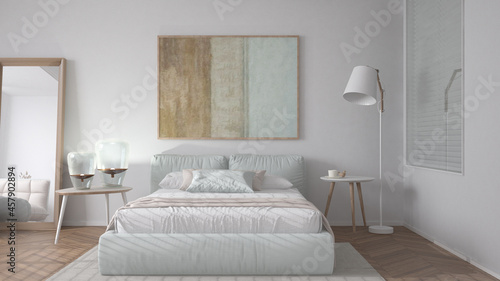 Modern bright minimalist bedroom in white tones, double bed with pillows, duvet and blanket, parquet, window, table with lamps, mirror with pouf, carpet, interior design idea
