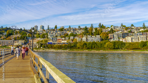 Town of White Rock, BC, seen from Pier Bridge - the longest pier in BC - and showing many homes with great sea views