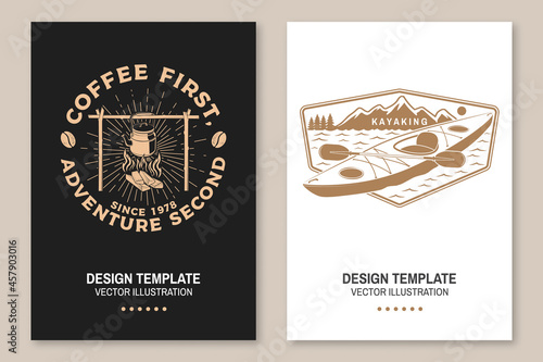 Set of travel inspirational quotes. Vector Concept for shirt or logo, print, stamp or tee. Vintage typography design with coffee pot on camping fire, kayak and mountain silhouette. Camping quote.