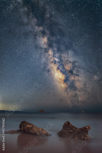 Milky way galaxy above Zakynthos island captured from Kefalonia island, Greece. The night sky is astronomical accurate.