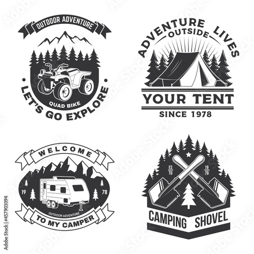 Set of camping badges, patches. Vector illustration. Concept for shirt or logo, print, stamp or tee Vintage typography design with camping equipment, forest, camper rv, atv and mountain silhouette