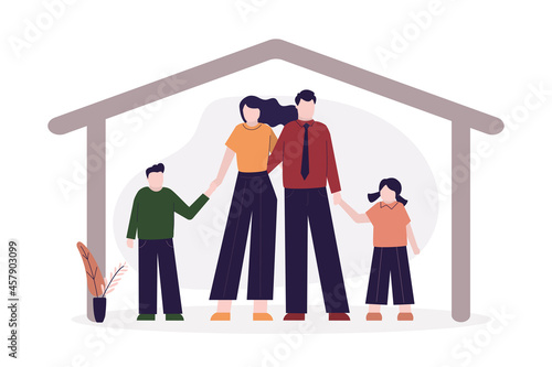 Happy parents with children home. Four people standing. Сartoon mother, father and two kids. Happiness wife and husband with teens stay in house