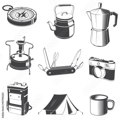 Camping and outdoors icons. Set include kayak with paddle, primus, photo camera , mug, coffee maker, tent, shovel, pocket knife, backpack. Vector. Equipment for camping, kayaking, hiking, traveling