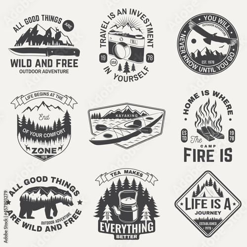 Summer camp with design elements. Vector. Camping and outdoor adventure emblems. Typography design with camping kettle, knife, tent, camping fire, kayak, camper tent , and forest silhouette.