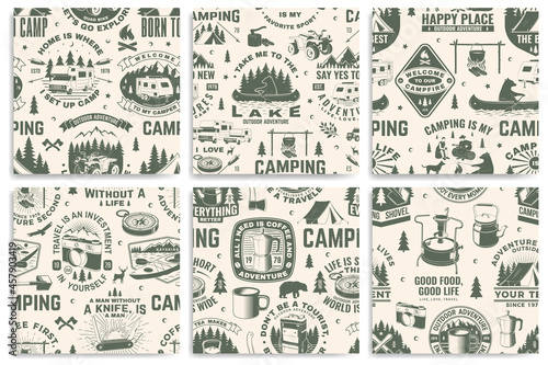 Set of outdoor adventure seamless pattern, background. Vector. Seamless camping pattern with hiking boots, camping tent, lantern, axe, mountains, bear, deer, forest silhouette. Camping texture.