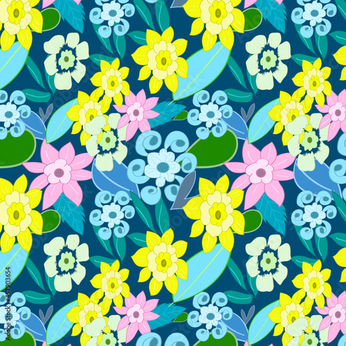 Floral Seamless pattern on Prussian blue color background. different types of flower and leaf like yellow color daffodil ,pink cherry bloom, jasmine etc.