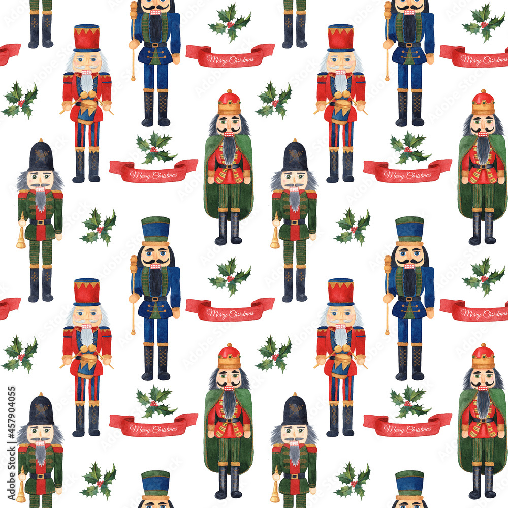 Christmas seamless pattern with watercolor hand-drawn nutcrackers
