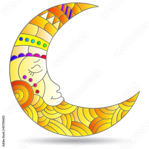 Stained glass illustration  with a  moon with faces, isolated on a white background 