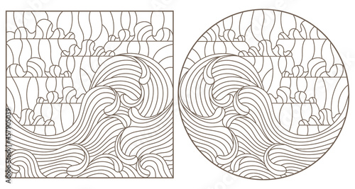 A set of contour illustrations in the style of stained glass with seascapes, dark contours on a white background