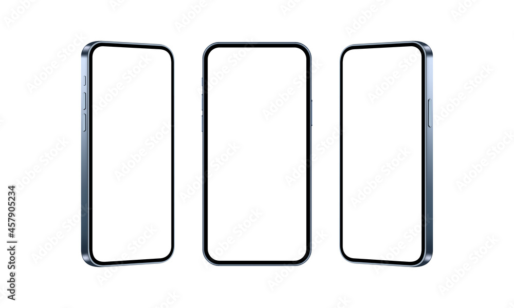 Blue Phones Mockups Isolated on White Background, Front and Side View. Vector Illustration Blue Phones Mockups Isolated on White Background, Front and Side View. Vector Illustration